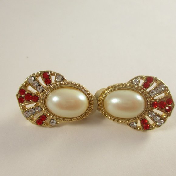 80s Glam VTG Clip On Rhinestone Red Gold Earrings - Picture 3 of 6